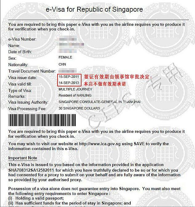 新加坡签证样式